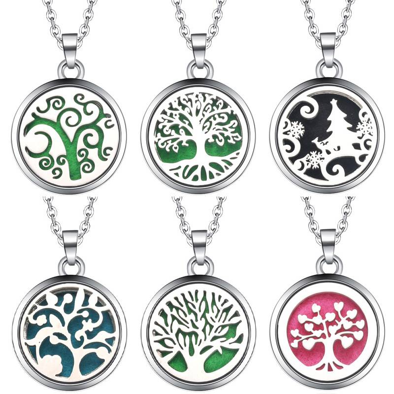 Diffuser Necklace Locket - 生命の木,磁気アロマセラピーネックレス,エッセンシャルオイルディフューザー,香水ボックス,ロケットペンダントジュエリー